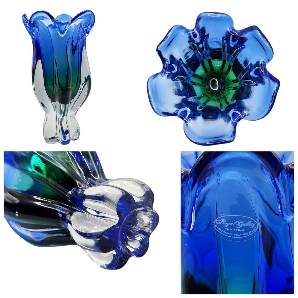 Royal Gallery Bohemian Art Glass Tulip Vase Cobalt Blue Emerald Green Ombre 9.25